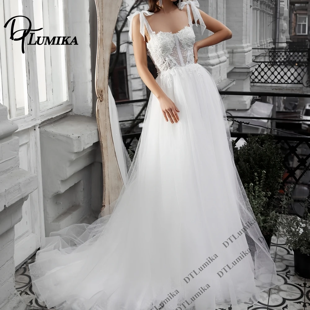 DTLumika Sweet Bow Shoulder Bride Dress Lace Corset Back Polka Dot Mesh A Line Wedding Dresses Women's Customized Bridal Gown