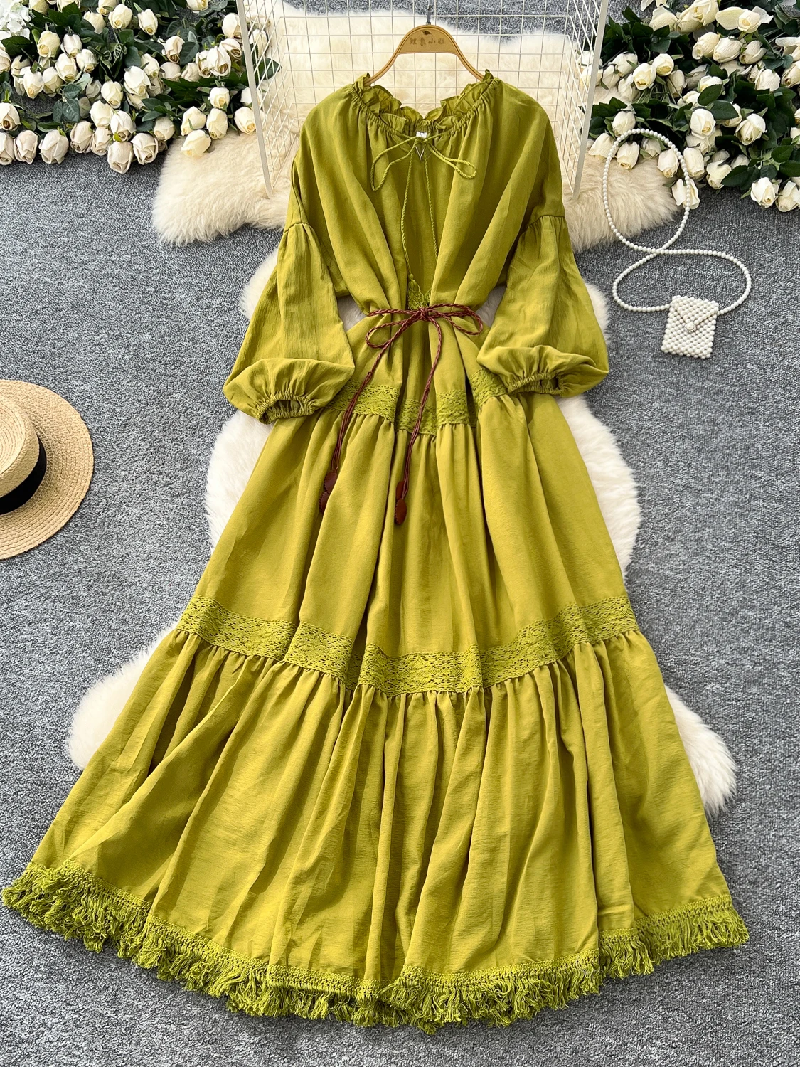 فستان أنيق بأكمام فانوس مزين بالدانتيل مع حزام، فستان نسائي طويل بخصر مرتفع على الطراز الكوري #3