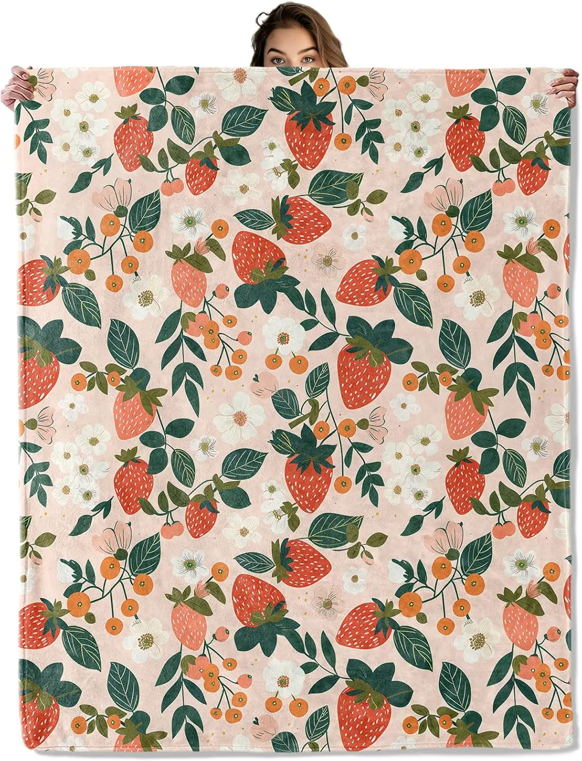 Strawberry Floral Blanket 50X60 in, Flannel Throw Blankets for Travel Camping Sofa Living Room Decor, Lightweight Cozy Soft Fuzz