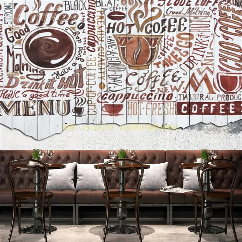 American Doodle Coffee Theme Wood Board Background Wallpaper 3D Cafe Casual Coffee Shop Restaurant Industrial Decor Wall Paper