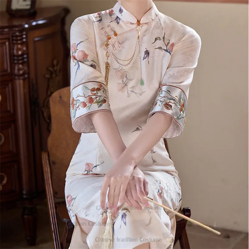 

Sexy Wedding Party Dress Gift 2025 New Chinese Style Dress Elegant Jacquard Mandarin Collar Cheongsam Casual Hanfu Dress