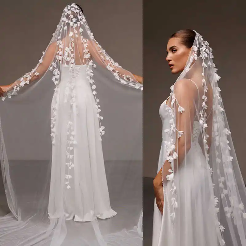 Romantic 3D Flowers Wedding Veils Long Cathedral Length With Comb Bridal Veils One Layer Customized Wedding Accessories