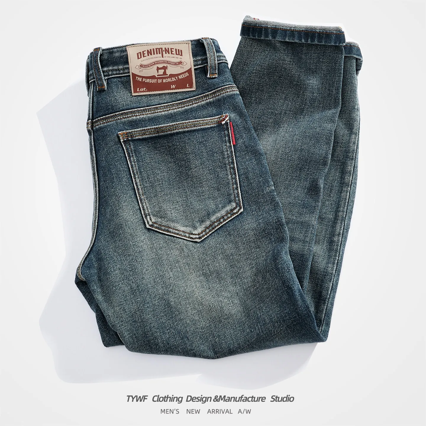 2026 Autumn New American Retro Heavyweight Multiple Pockets Elasticity Jeans Men's Fashion Washed Slim Straight Casual Pants