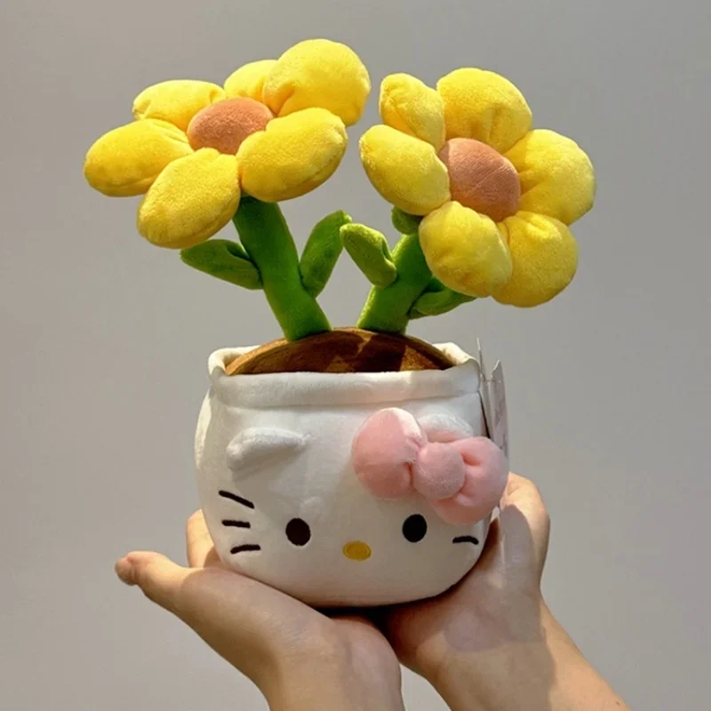 Original With Tag Hello Kitty Flower Plush Toy Cartoon Potted Plant Doll Kitty Cat Plushies Desktop Home Decor Gifts Girl Yellow