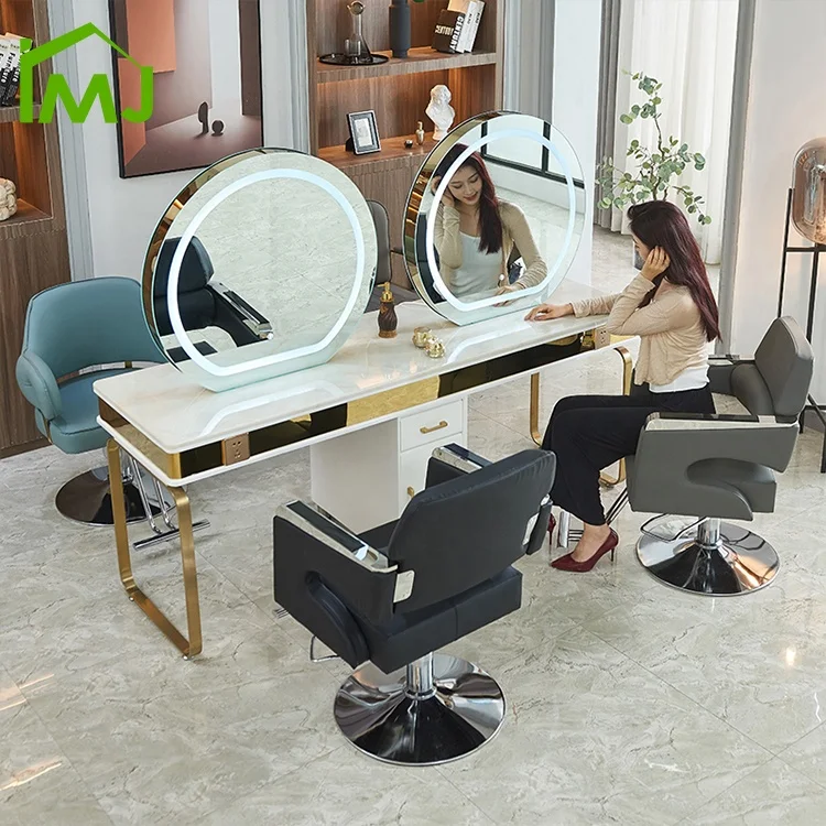 Beauty Salon Hair Dressing LED Mirror Makeup Station 4 Person Round Mirror Table