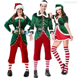 Adult Women Men Santa Claus Xmas New Year Carnival Party Cosplay  Boys Girls Green Elf Couple Claus Costume Suit