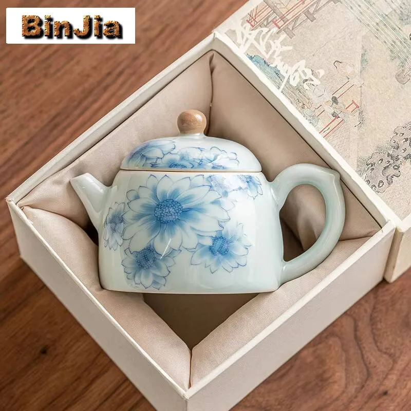 

110 мл сине-белый керамический чайник с солнечным цветком, китайский горшок Qin Quan, винтажный чайник для заваривания чая, принадлежности для чайной посуды, подарок для рукоделия