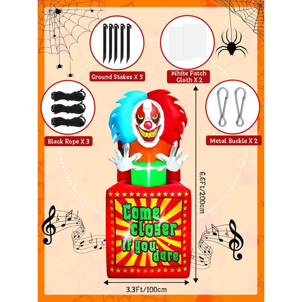 مهرج الرسوم المتحركة للهالوين قابل للنفخ مع الموسيقى، صندوق مهرج السيرك كالولاري ديكور خارجي، ساحة نفخ مع مكبر صوت مدمج
