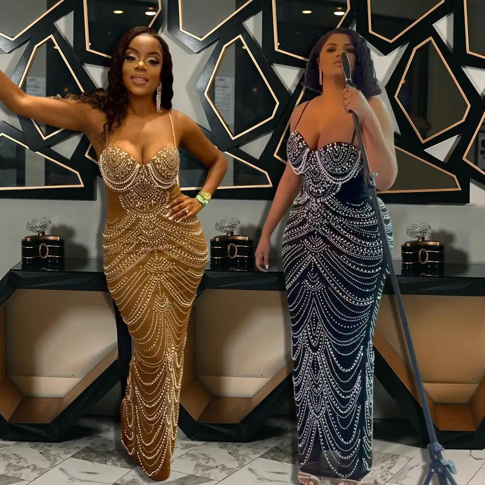 

Sexy Strap Bubble Bead Evening Long Dr Women's mid Waist Polyester Fiber Skirt Busin Home Suitable Single Piece Summer ...