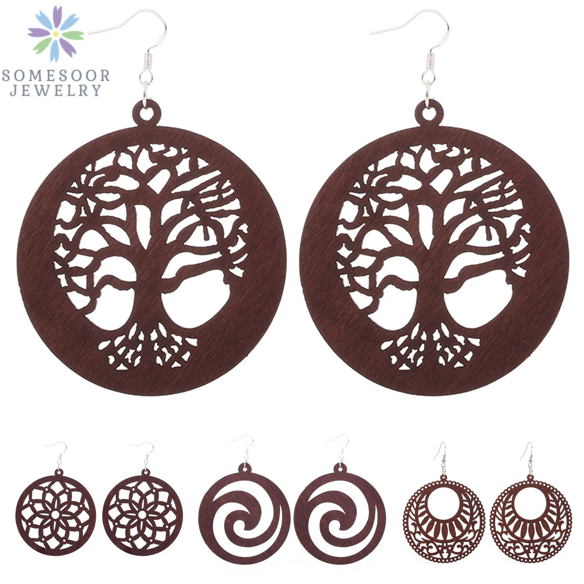 SOMESOOR Dark Brown African Wooden Drop Earrings For Women Gifts Laser Cutting Trees Flowers Boho Ethnic Wood Dangle Jewelry