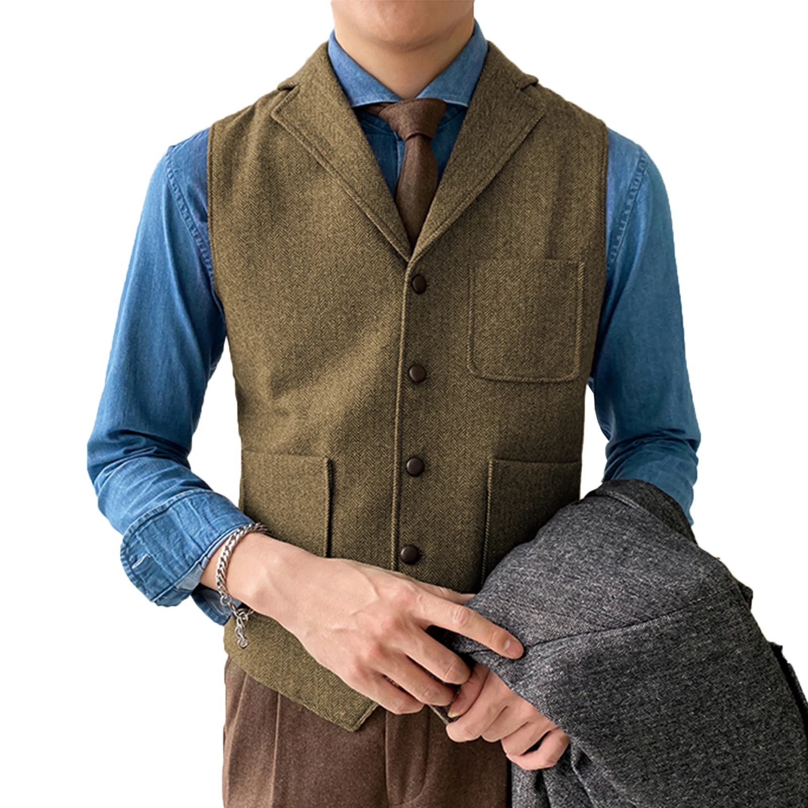 

V Neck Men's Suit Vest Herringbone Tweed Waistcoat Notch Lapel With 3 Pockets Business Formal Waistcoat Groomsmen For Wedding