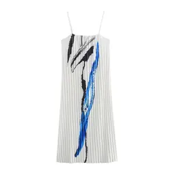 Tangada 2024 Women Print Pleated Strap Dress Ladies Backless Sexy Long Dresses 6X0294