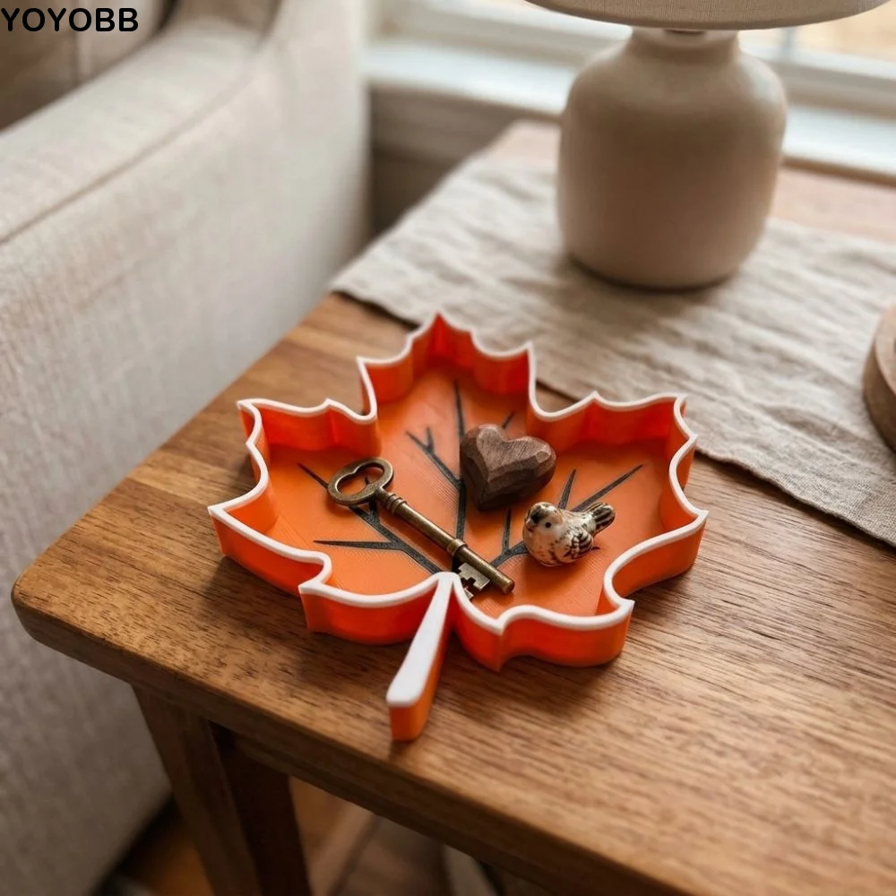3D Printed Maple Leaf Trinket Tray Fall Theme Plastic Autumn Leaf Storage Tray Minimalist Maple Outline Key Catchall Tray
