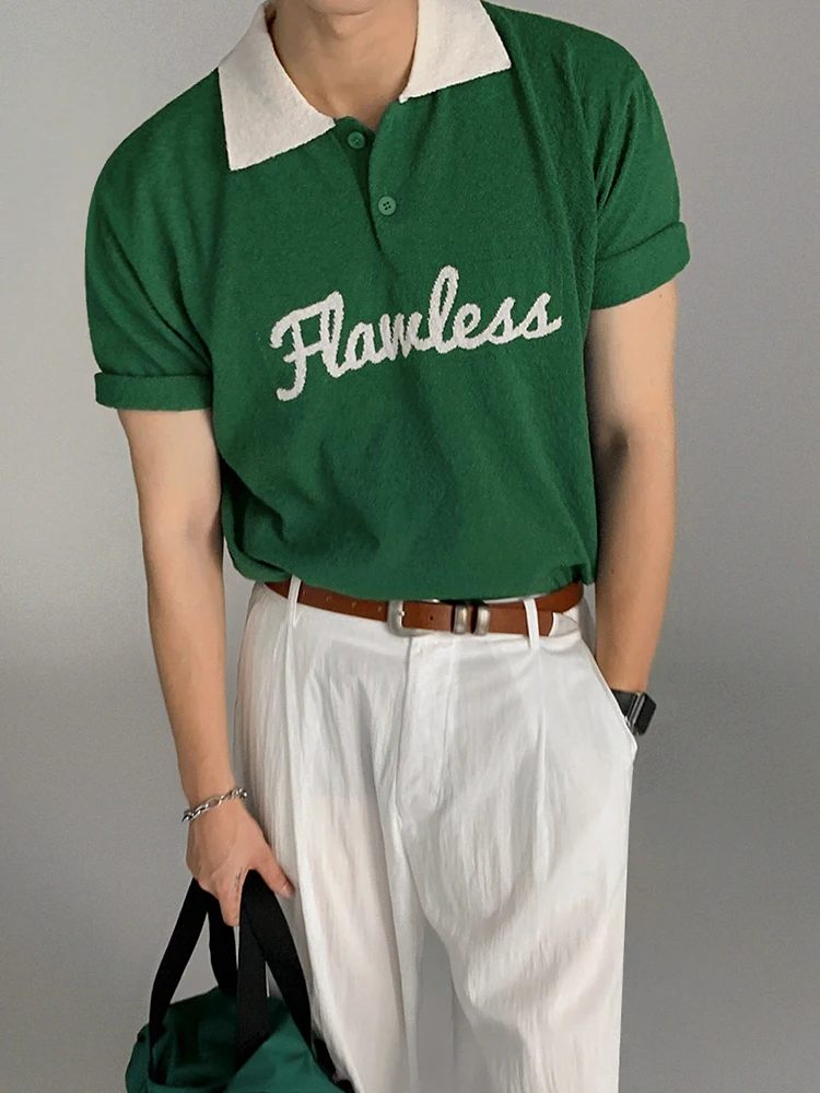 

SYUHGFA New Trendy Letter Print T-shirt Men's Loose Turn-down Collar Short Sleeve Tops Male Tees 2024 Summer Korean Clothing