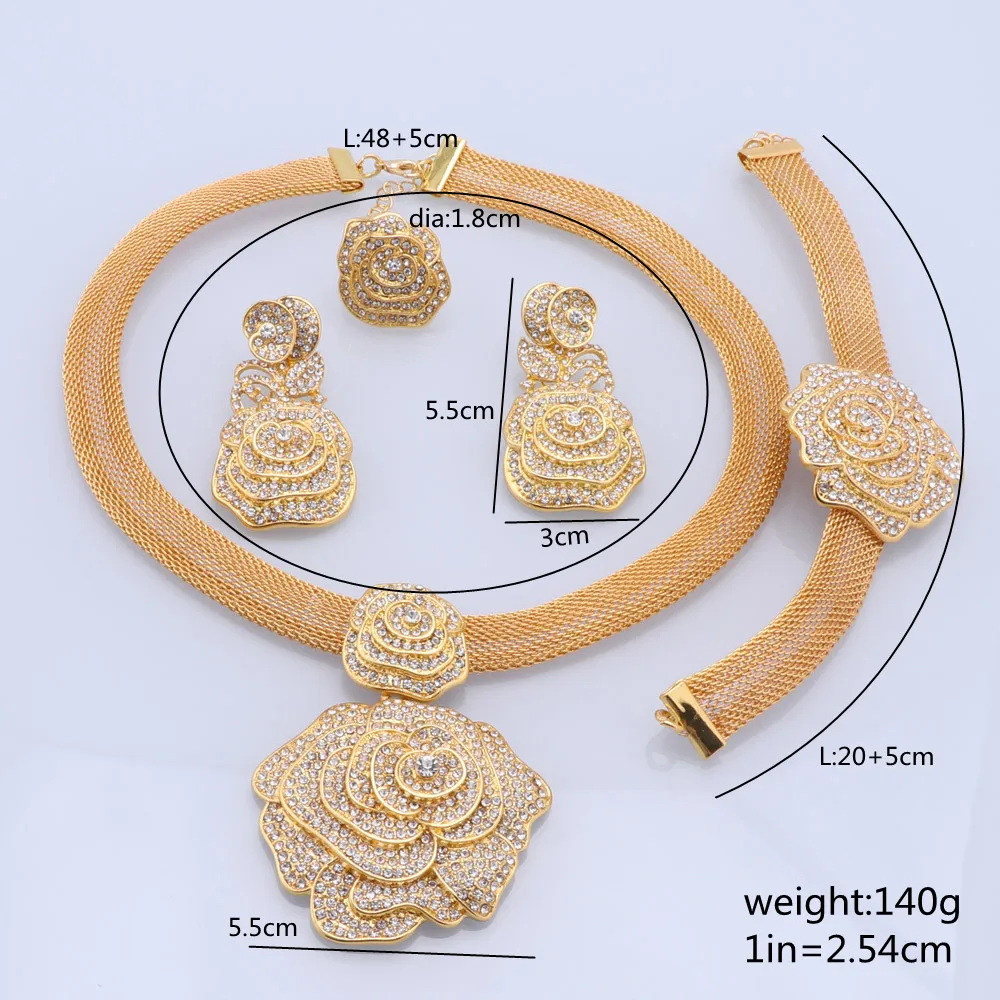 Dubai Gold Color Jewelry Sets For Women Bridal Luxury Necklace Earrings Bracelet Ring Set African Wedding Party Gifts