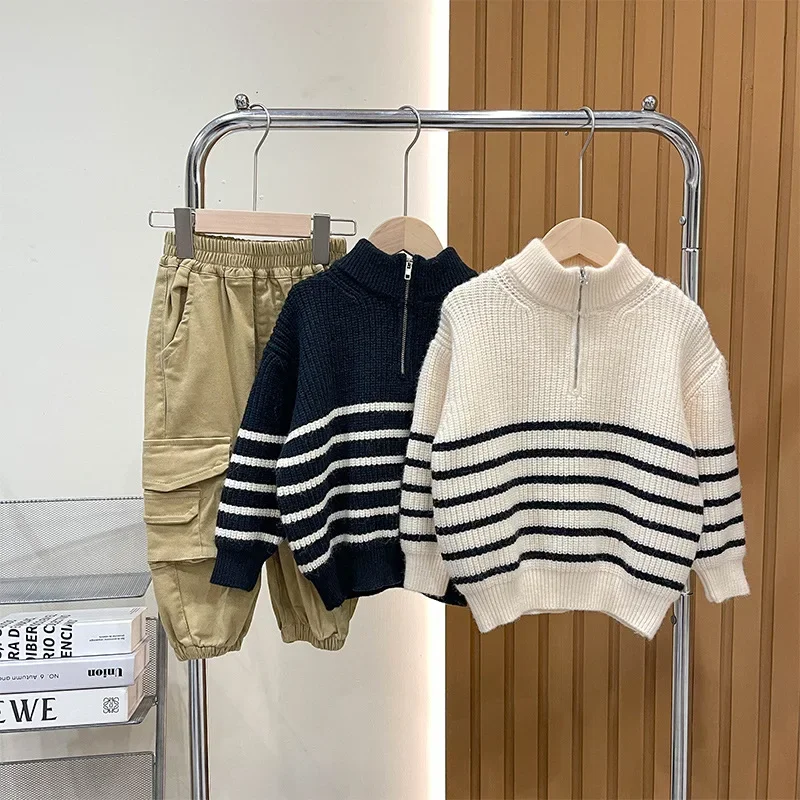 Sweater Autumn Season New Children Clothing Korean Simplicity Stand Up Collar Boys Zipper Pullover Knit Shirt Striped