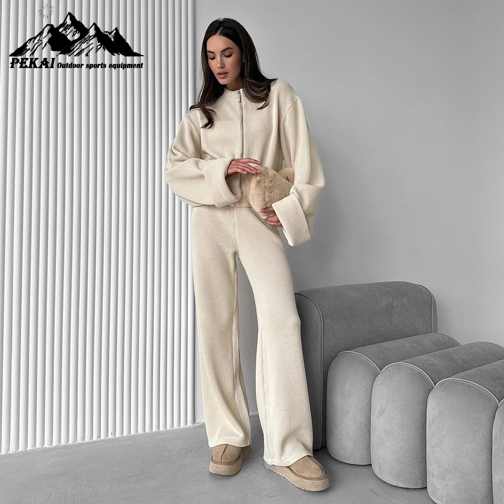 

Вязаный комплект широких брюк с длинными рукавами для Европы и Америки, осень и зима 2025 года, новая куртка на молнии, брюки, повседневный комплект