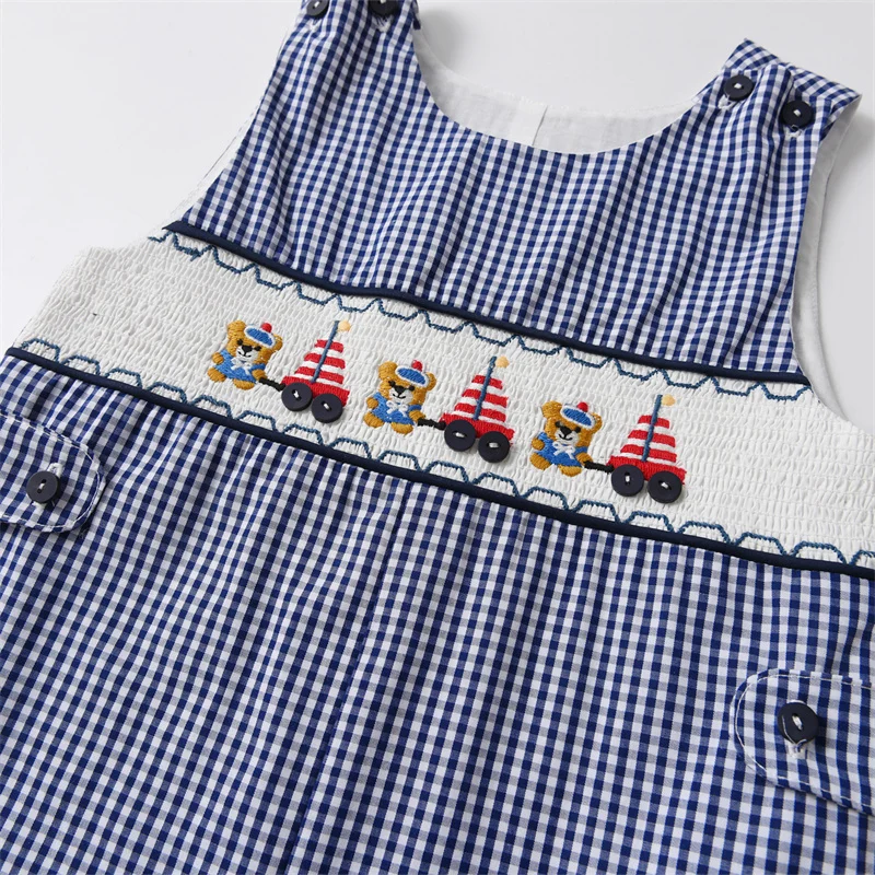 2024 Baby Summer Clothes Boy Embroidery Suspenders Pants Children Plaid Leisure Suit Infants Smocked Clothing Kids Outfits