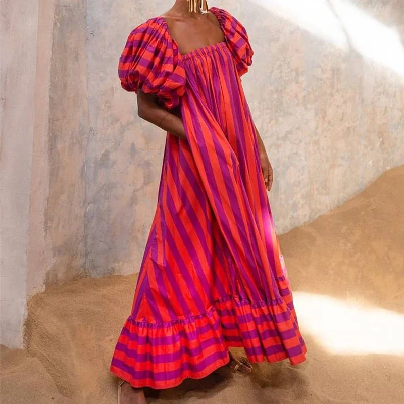 Nieuwe stijl gestreepte maxi-jurk 2025, populaire damesmouwen, oversized rok, oranje gestreepte strandvakantiejurk