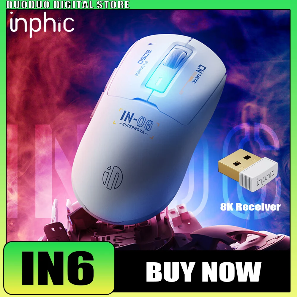 INPHIC IN6 Wireless Mouse 8K Three Mode PAW3395 Sensor Low Weight Low Delay Gaming Mouse Ergonomics Pc Gamer Accessories Gifts