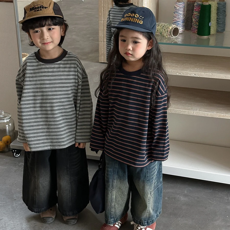T-shirt 2026 Spring and Summer New Childrens Clothing Boys and Girls Loose Long Sleeve Color Collision Collar Striped T-shirt