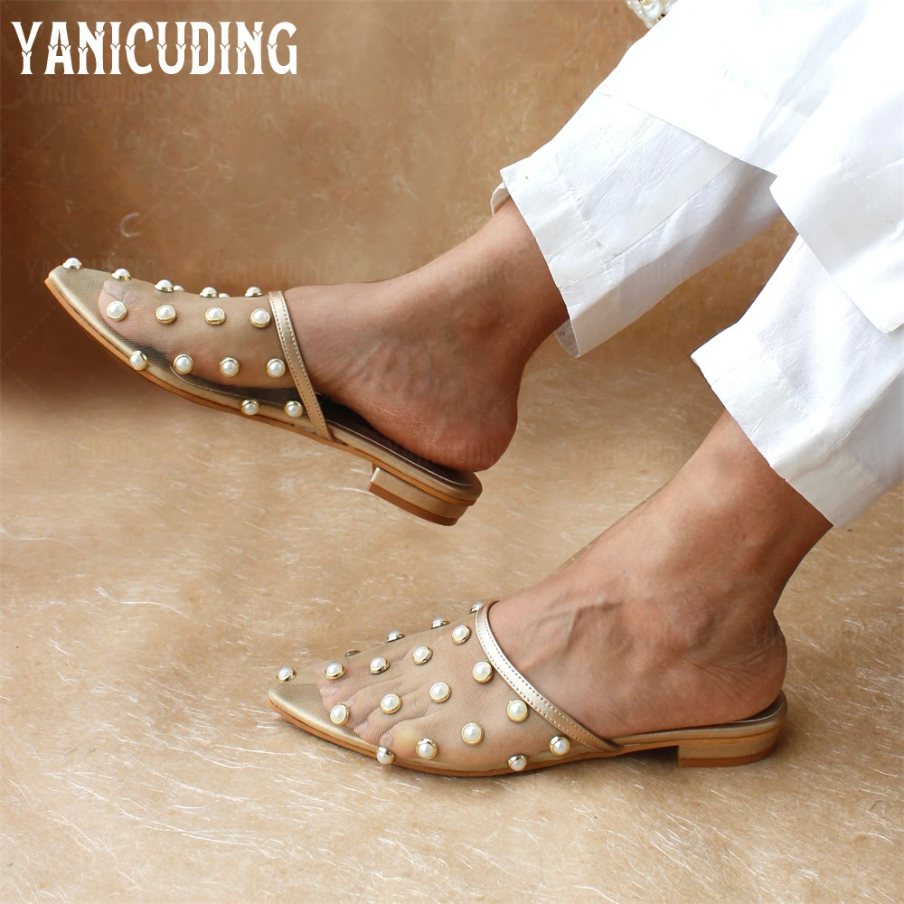 

Pointed Toe Mesh Mules Comfortable Flat Slippers Floral Beads Pearl Elegant Style Summer Slippers Women's Large Size Flat Mules