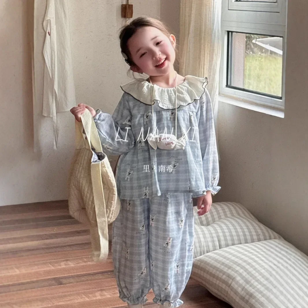 

Princess Style Sleepwear 2025 Spring New Soft and Comfortable Lace Doll Collar Cute Home Suit Set Kids Clothes Girls