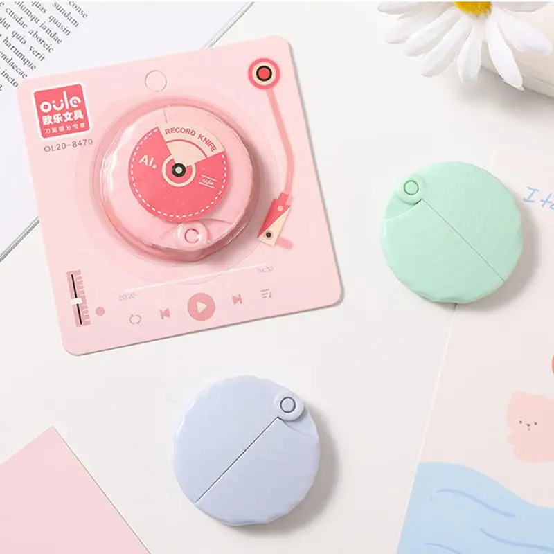 Portable Utility Knife Cute Record Shaped Mini Retractable Handmade Knife Portable Small Pocket Sized Student Art Knife Craft