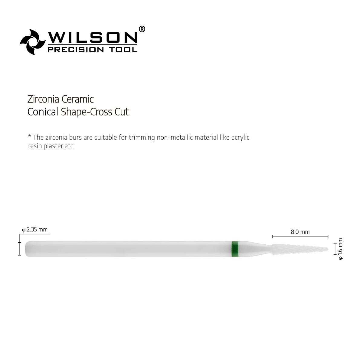 WilsonDental Burs Small Conical Shape - 1.6mm - Cross Cut - White Solid Zirconia Ceramic Dental Lab Burs