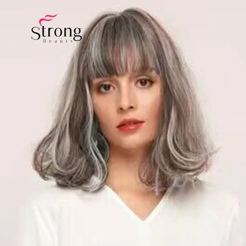 

Strongbeauty Brown with Blonde Highlights Short Bob Wavy Wig with bangs Synthetic Wigs