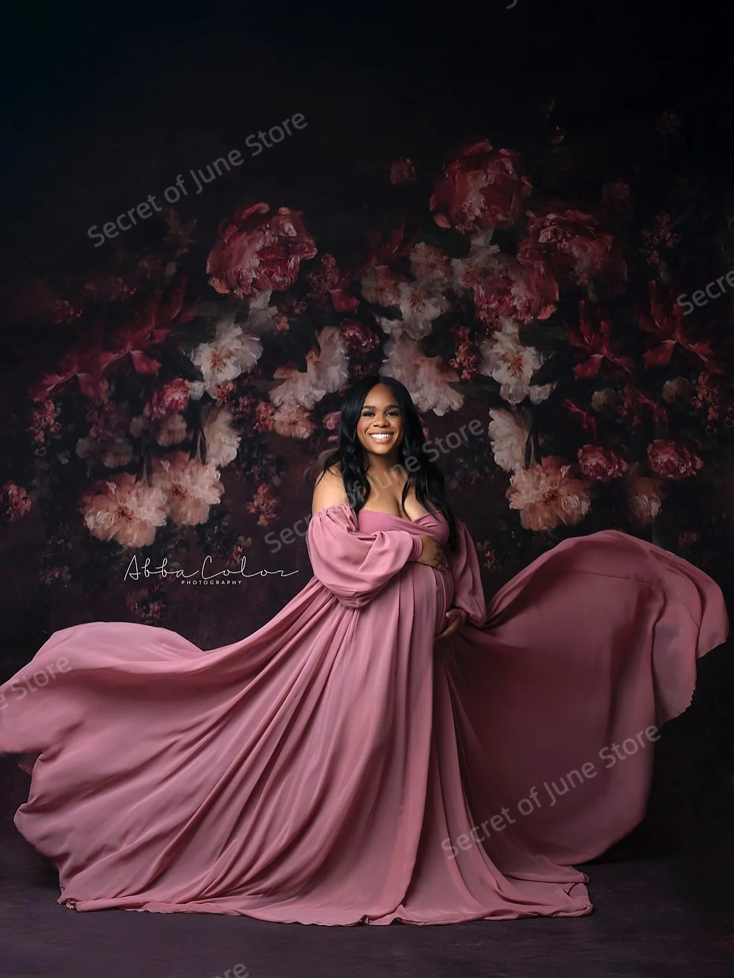 控えめなローズピンクのマタニティドレス恋人長袖イブニングドレス写真撮影用エレガントなカスタマイズされた妊婦ドレス