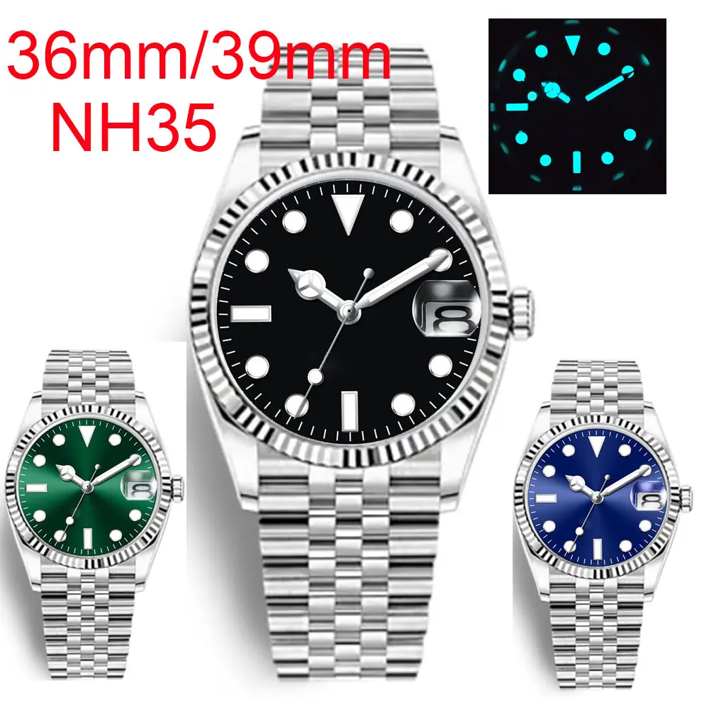 36/39mm Corgeut Sterile Steel NH35A Sunbusrt Green Dial Men Watch Sapphire Crystal Fluted Bezel Automatic Wristwatch Jubilee