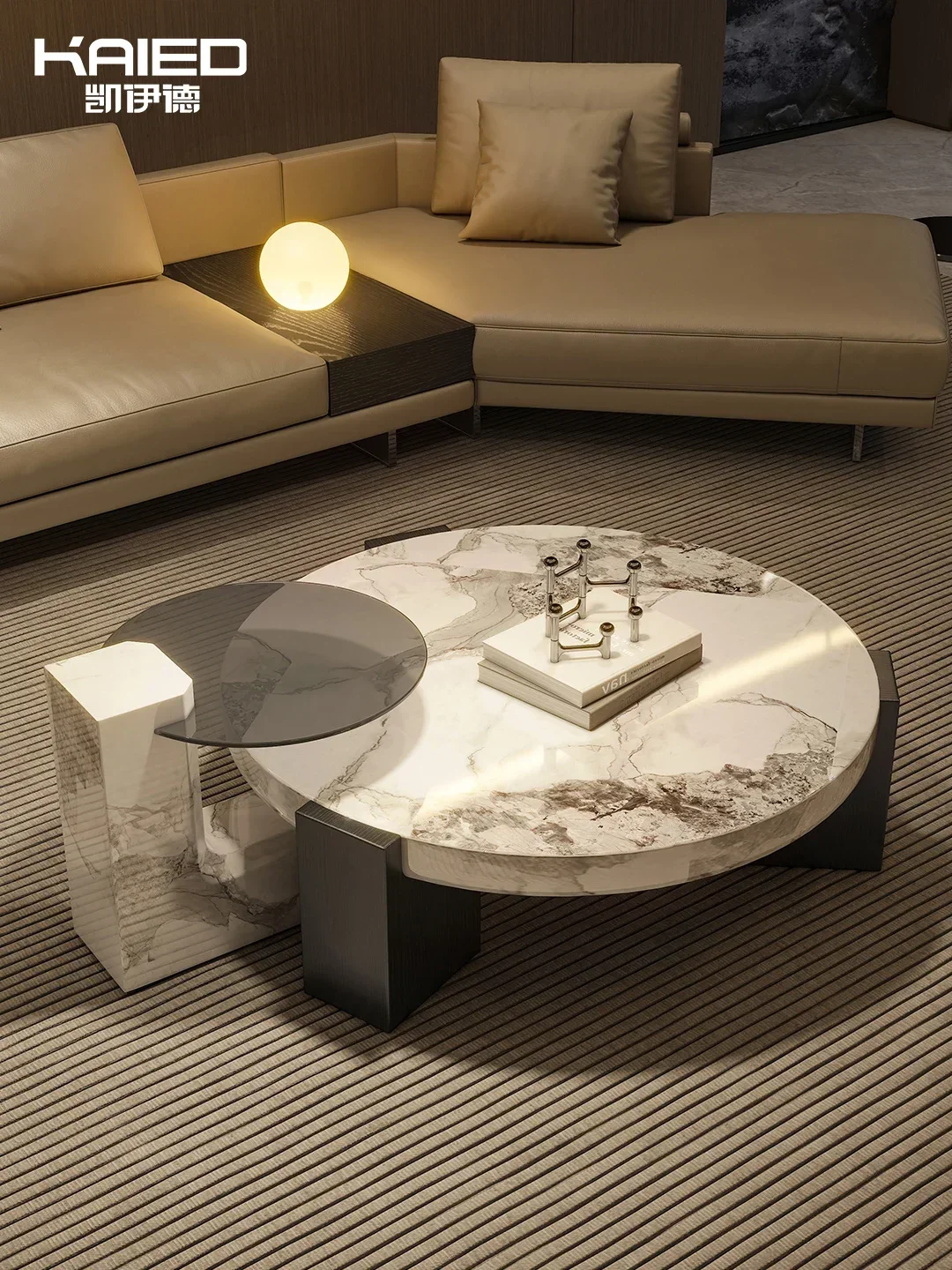 Light luxury round coffee table combination natural marble Internet celebrity child and mother coffee table modern