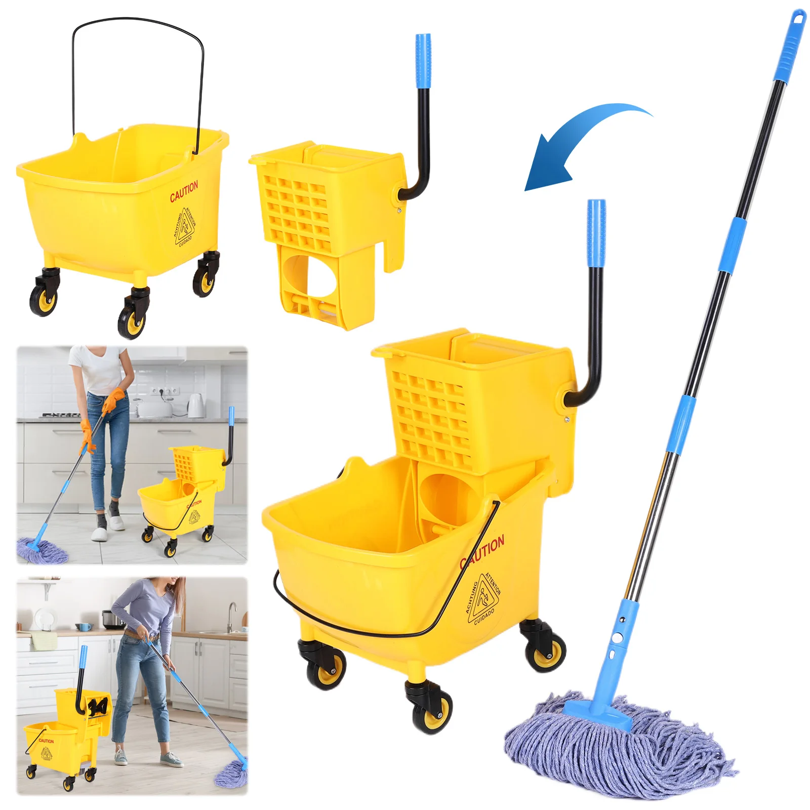 

24L Plastic Bucket Mop Wringer Wear Resist Squeezing Water Bucket Anti-Slip Creative Trolley Mop Bucket for Home/Restaurant/Hall