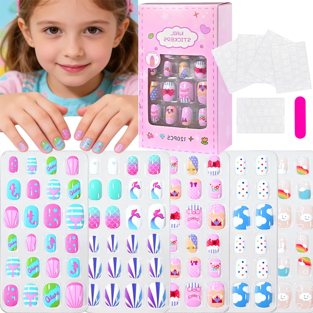 

120Pcs Kawaii Ocean Mermaid Press On Nails for Little Girls Cute Bow Cloud Star False Nails Short Round Kids Acrylic Fake Nails