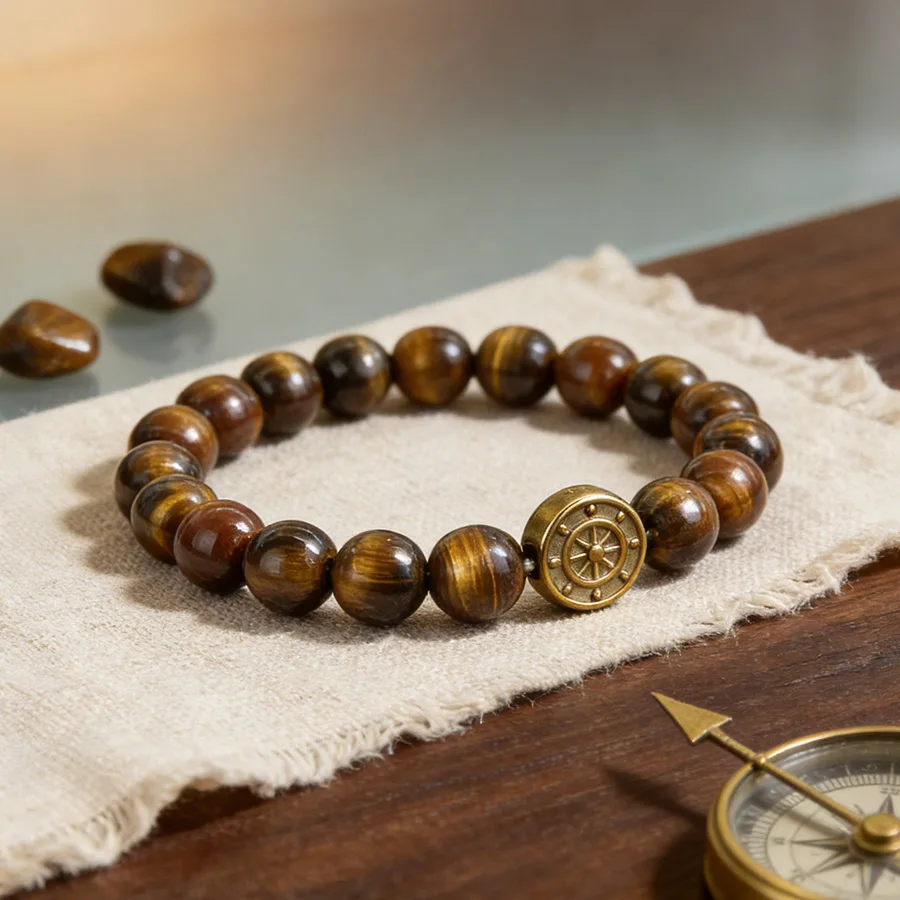 Pulsera de cuentas de piedra de la serie náutica para hombre, ojo de tigre, ancla de ónix, rueda de barco, protección energética, navegación, joyería estilo océano