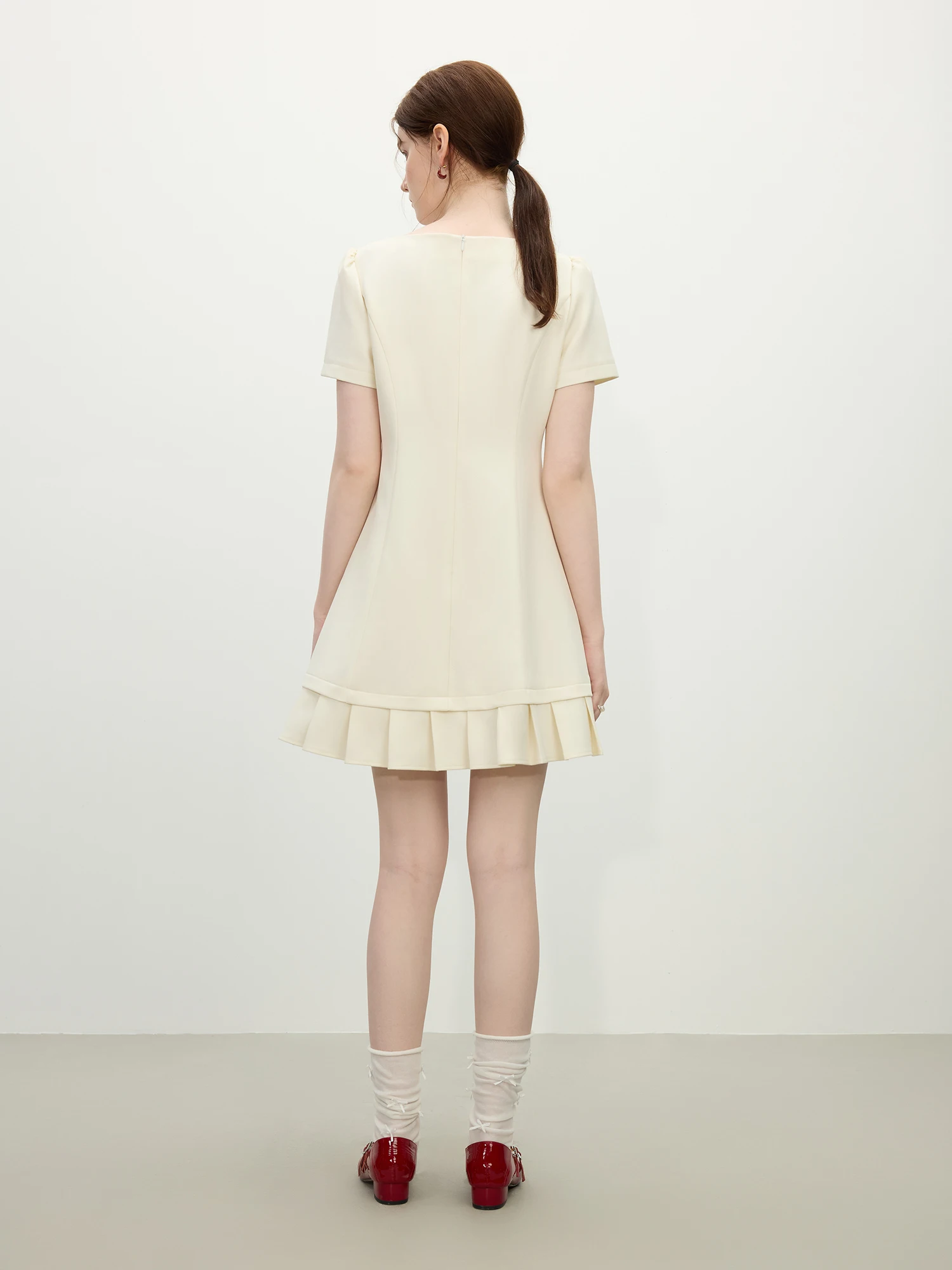 FSLE Women Summer Short Dress Patchwork Pleated Design Short Sleeve Mini Dress Solid Sweet Style Female Dress 25FS12062