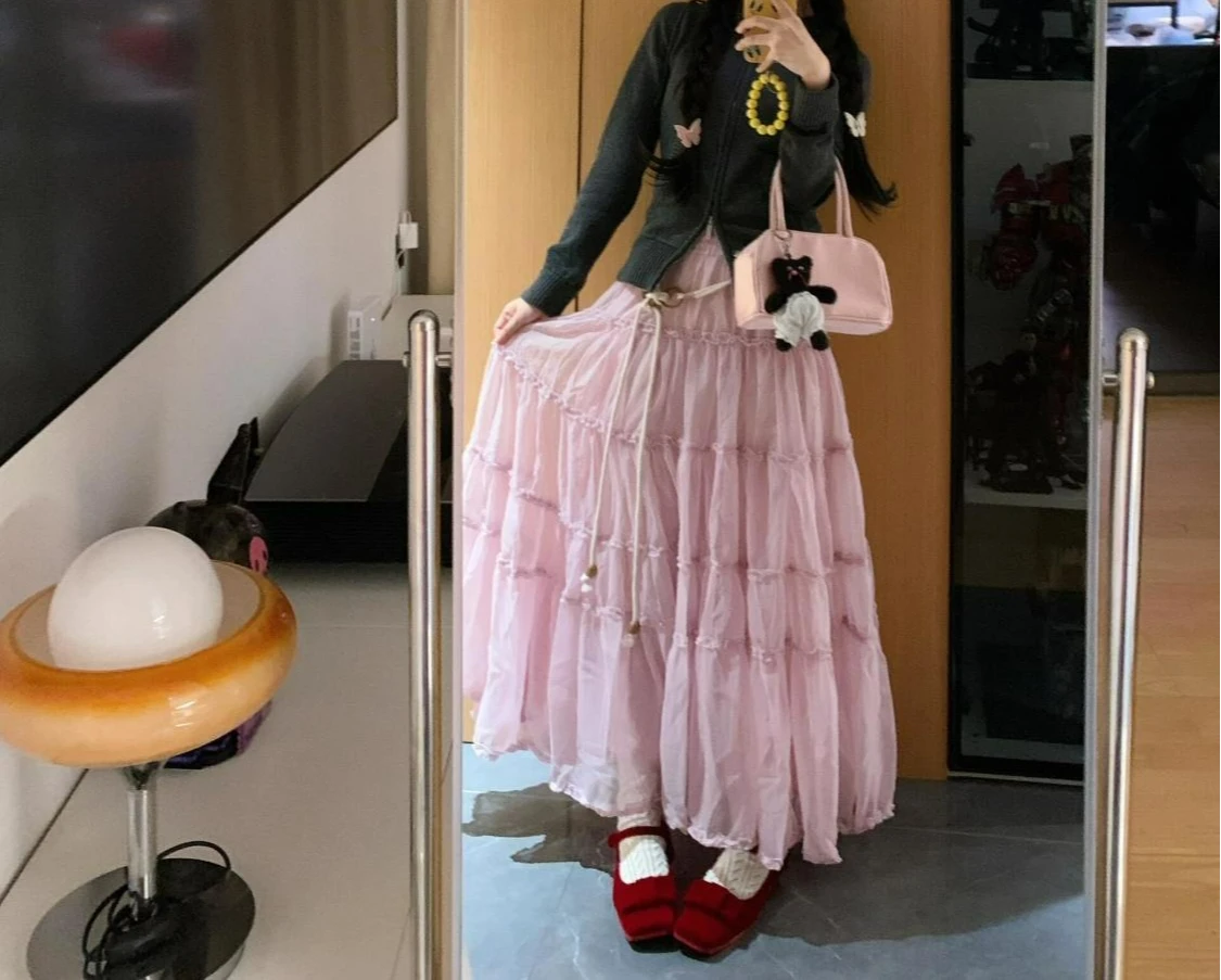 Mesh Fluffy Cake Skirt Women's 2026 Spring and Summer New Pink Thin Layer Fungus Splicing Dress