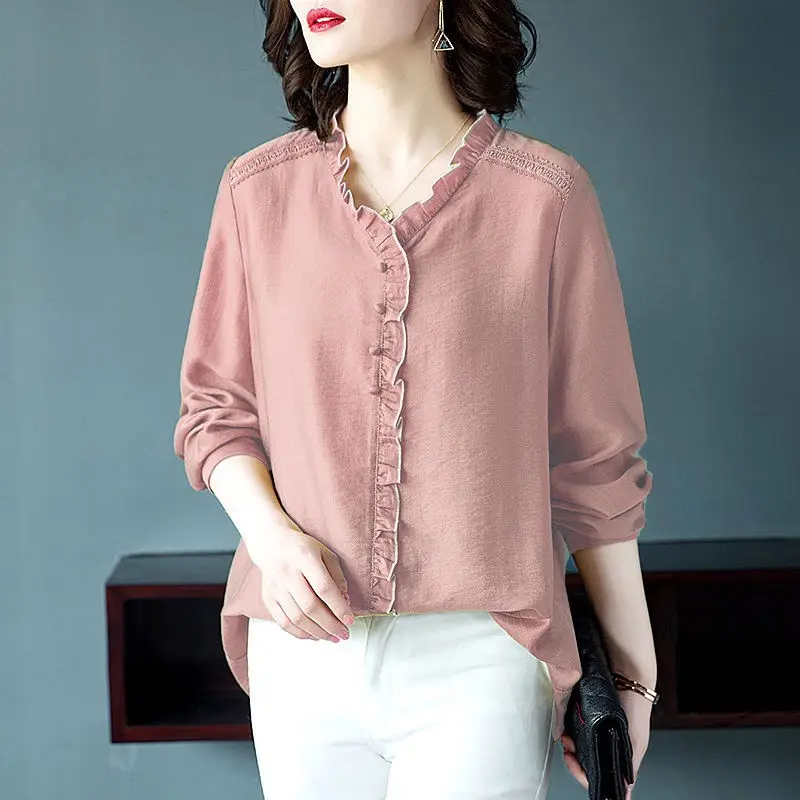 

Elegant V-Neck Spliced Loose Ruffles Blouse Women Clothing 2022 Autumn New Oversized Casual Pullovers All-match Office Lady Shir