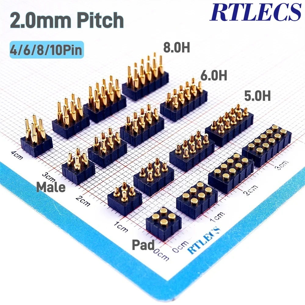 2/5 Stück federbelasteter Pogo-Pin-Stecker, männlich, 2,0 mm Rastermaß, 4, 6, 8, 10 Pin, 5, 6, 7, 8 mm Buchse, doppelte Reihen, Halterung, PCB, SMD, vergoldet – Detail 3