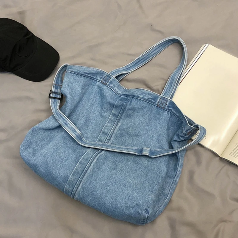 Abqr nova rede vermelha denim bolsa de ombro mensageiro casual selvagem portátil sacola de compras lona bolsa feminina azul claro