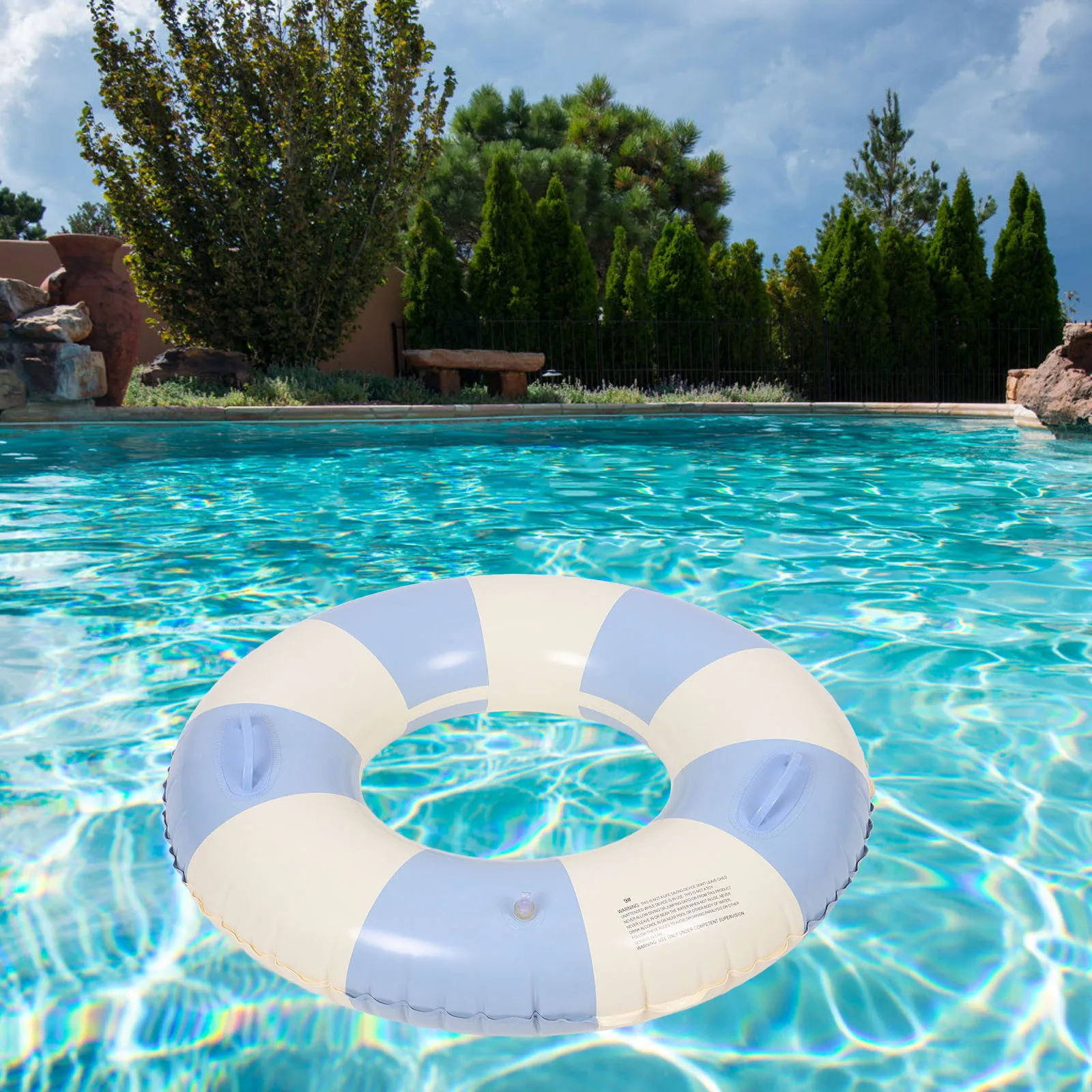 

Striped Swim Ring Blue 90# Inflatable Adult Water Float Pool Toy PVC Material Double Handles Foldable Easy Storage
