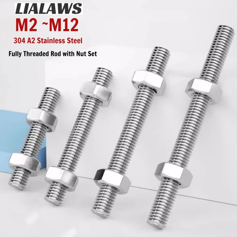 304 A2 Stainless Steel Fully Threaded Rod with Nut Set M2 M2.5 M3 M4 M5 M6 M8 M10 M12 Metric Headless Thread Stud All Thread Bar