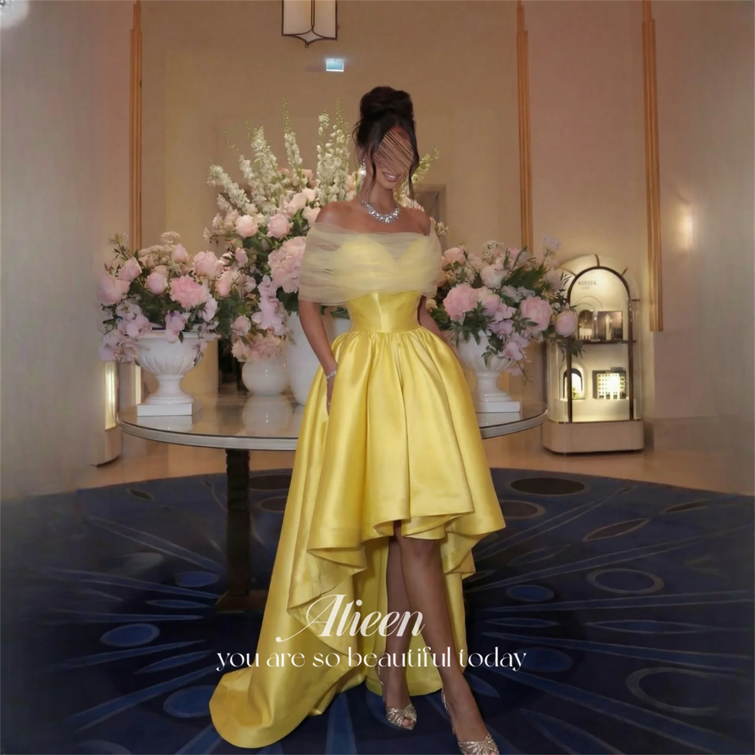 

Aileen Satin Off The Shoulder Yellow A-Line Evening Dress 2026 Sleeveless Tea-Length Prom Dress Wedding Party Customized