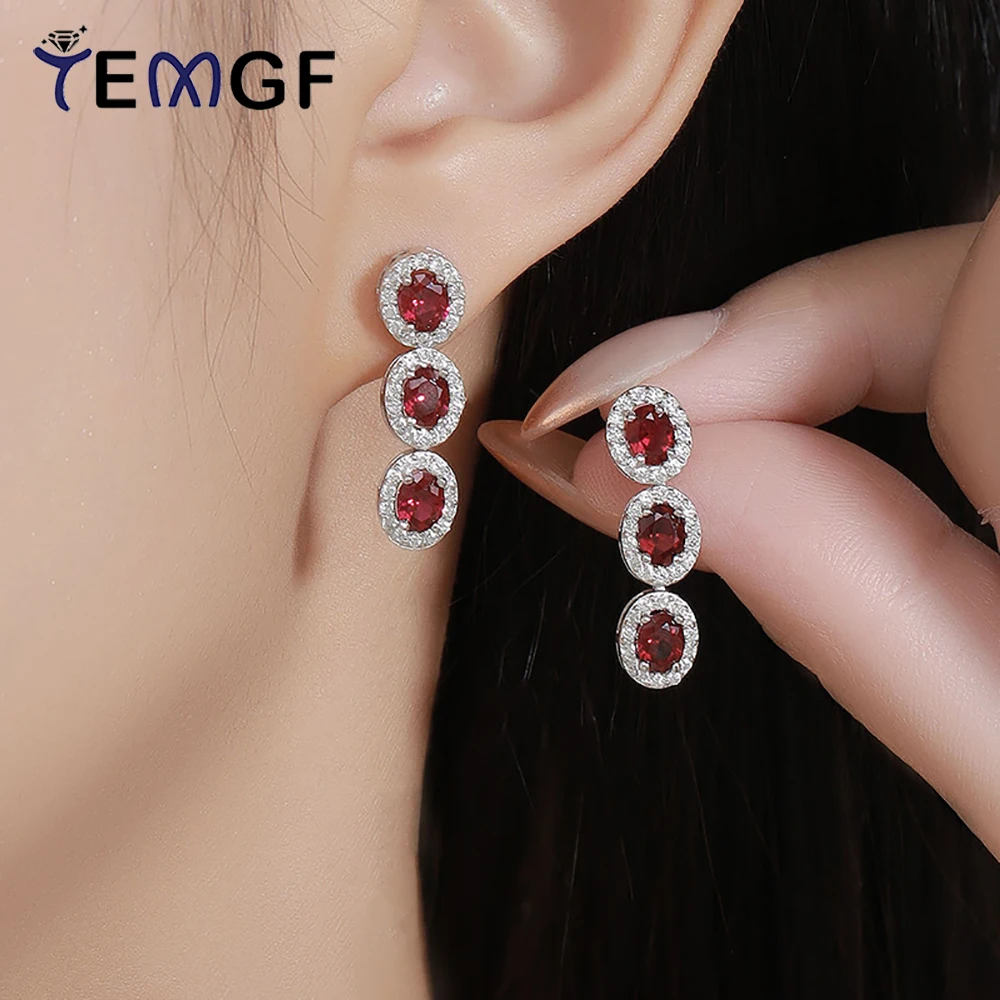 

TEMGF 4*6mm Oval Cut Ruby Gemstone Drop Earrings S925 Sterling Silver Tassels Ear Studs for Women Fashion Luxury Fine Jewelry