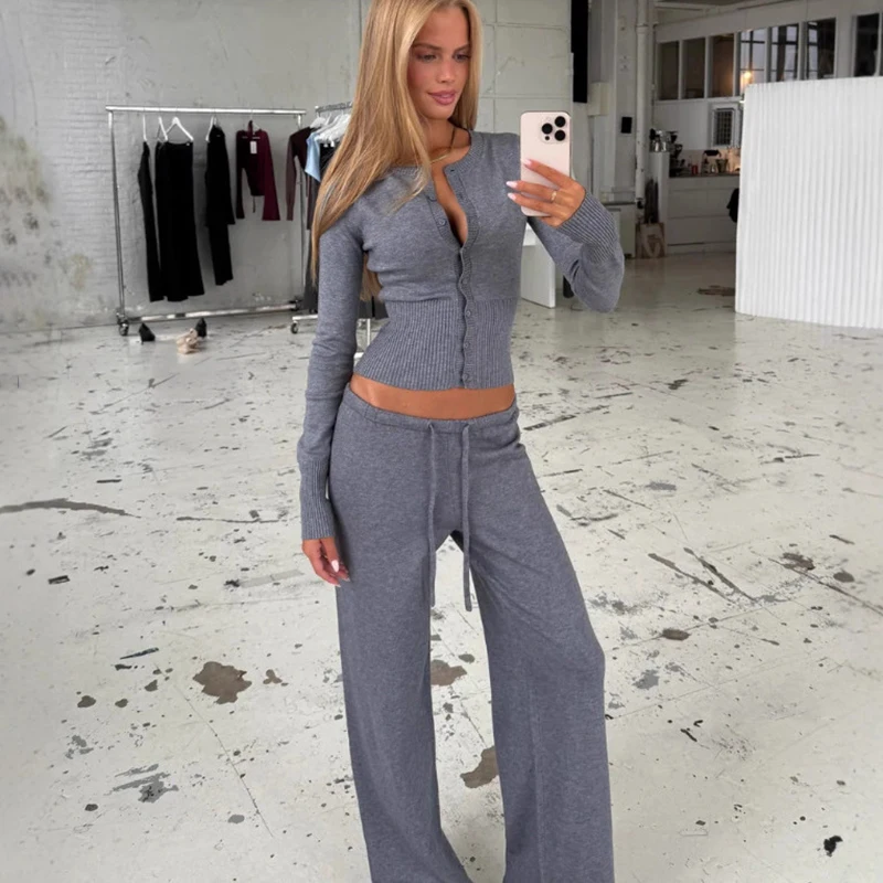 

Tornova 2025 осенне-зимний вязаный костюм, однотонный кардиган, топ, женский вязаный свитер с круглым вырезом, прямые брюки, комплект из двух предметов, повседневный