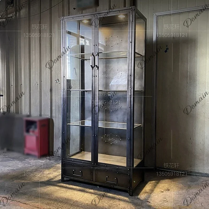 Oi Industrial Retro Glass Display Cabinet With Iron Shelves For Collectibles Wine Storage Organizer