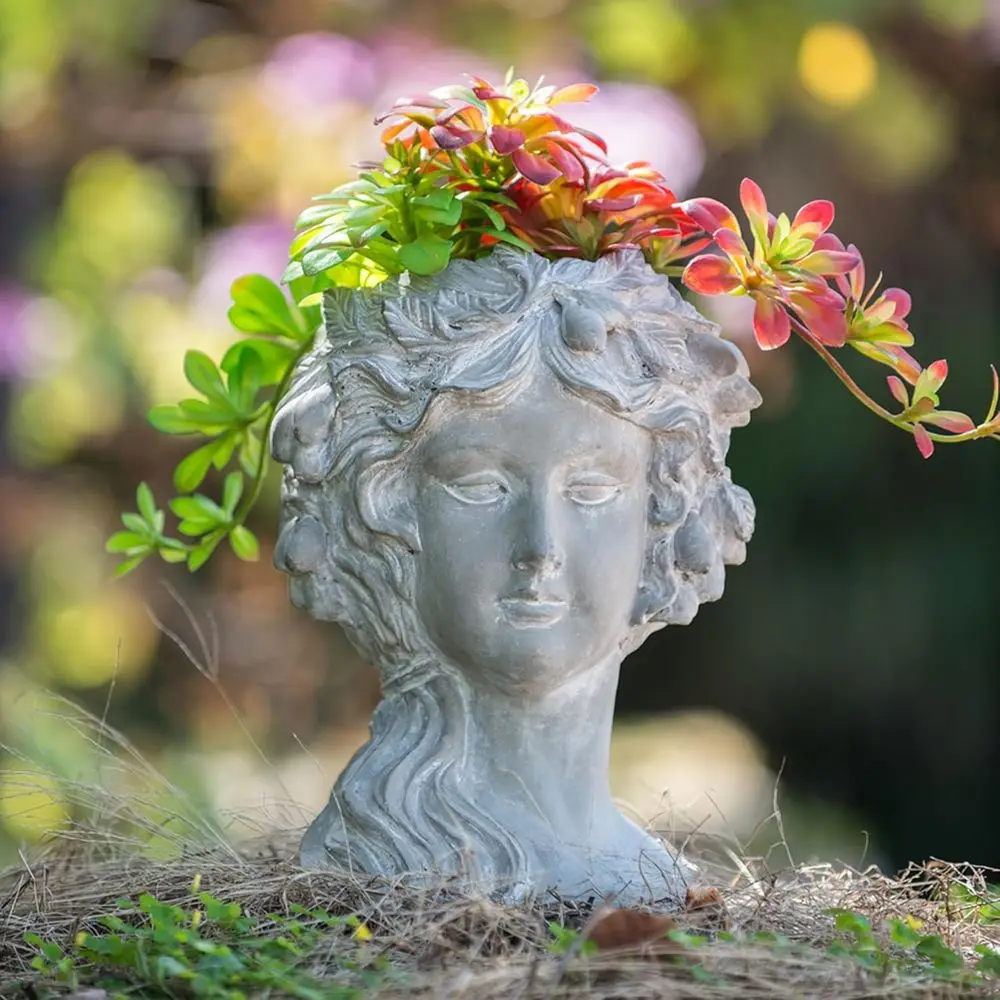 

Greek-Style Female Statue Cement Planter, Unique Outdoor/Indoor Decorative Pot (8 Diameter x 11.5 Height)