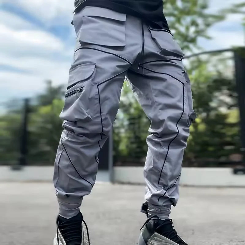 

Men's Casual Pants Multi-pocket Cargo Trousers Striped Reflect Sweatpants Breathable Lightweight Jogging Trousers Gym Trackpant