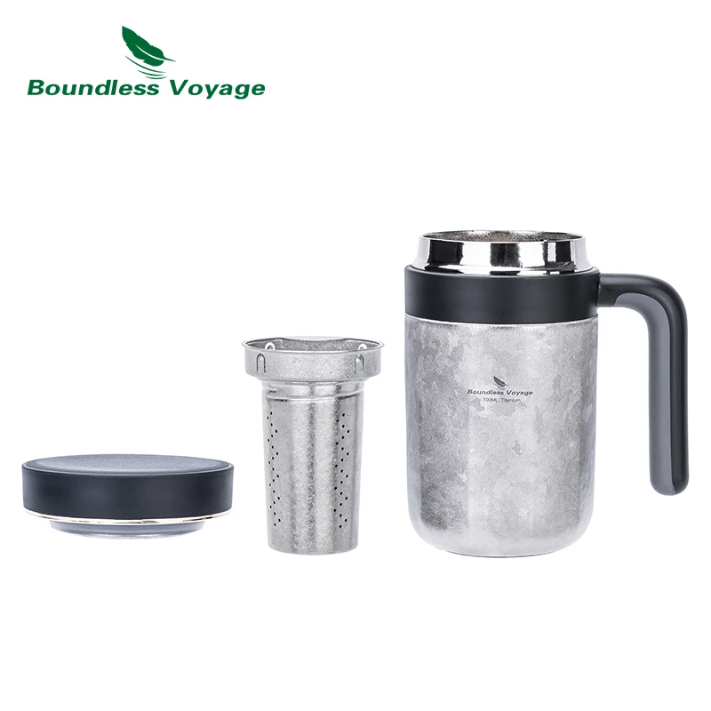 

Boundless Voyage 700ml Titanium Double-Walled Cup with Lid & Handle Vacuum Insulated Tea Coffee Mug with Filter for Loose Tea